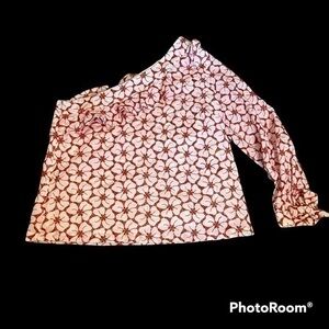 Beautiful Sugar + Lips one shoulder embroidered shirt w/ tie and ruffle neckline